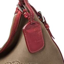 Pre Owned Prada Red/Beige Logo Jacquard Fabric and Leather Hobo 