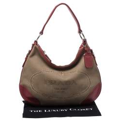 Pre Owned Prada Red/Beige Logo Jacquard Fabric and Leather Hobo 