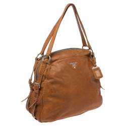 Pre Owned Prada Tan Leather Glazed Zippers Satchel