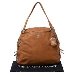 Pre Owned Prada Tan Leather Glazed Zippers Satchel