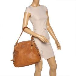 Pre Owned Prada Tan Leather Glazed Zippers Satchel
