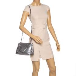 Pre Owned Prada Metallic Silver Saffiano Lux Leather Mini Double Zip Tote