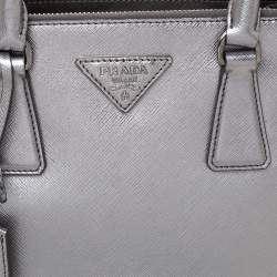 Pre Owned Prada Metallic Silver Saffiano Lux Leather Mini Double Zip Tote