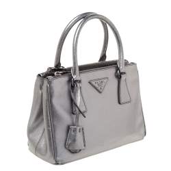 Pre Owned Prada Metallic Silver Saffiano Lux Leather Mini Double Zip Tote