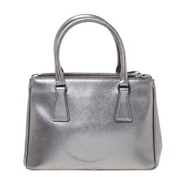 Pre Owned Prada Metallic Silver Saffiano Lux Leather Mini Double Zip Tote