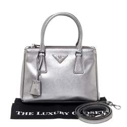 Pre Owned Prada Metallic Silver Saffiano Lux Leather Mini Double Zip Tote