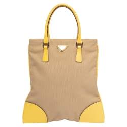 Pre Owned Prada Beige/Yellow Canvas and Leather Tote