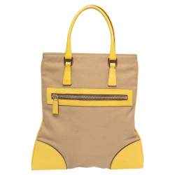 Pre Owned Prada Beige/Yellow Canvas and Leather Tote