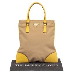 Pre Owned Prada Beige/Yellow Canvas and Leather Tote