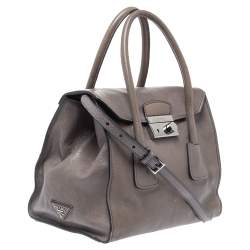Pre Owned Prada Grey Glazed Leather Twin Pocket Tote