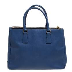 Pre Owned Prada Blue Saffiano Lux Leather Medium Galleria Double Zip Tote