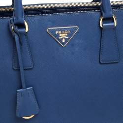 Pre Owned Prada Blue Saffiano Lux Leather Medium Galleria Double Zip Tote
