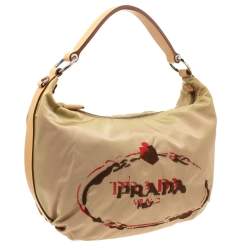 Pre Owned Prada Beige Tessuto Nylon Stencil Hobo 
