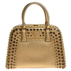 Pre Owned Prada Gold Saffiano Lux Leather Studded Pyramid Frame Satchel