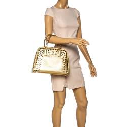 Pre Owned Prada Gold Saffiano Lux Leather Studded Pyramid Frame Satchel