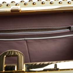 Pre Owned Prada Gold Saffiano Lux Leather Studded Pyramid Frame Satchel