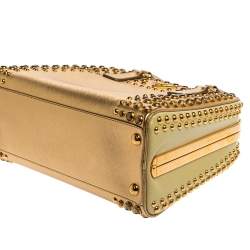 Pre Owned Prada Gold Saffiano Lux Leather Studded Pyramid Frame Satchel