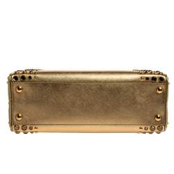 Pre Owned Prada Gold Saffiano Lux Leather Studded Pyramid Frame Satchel
