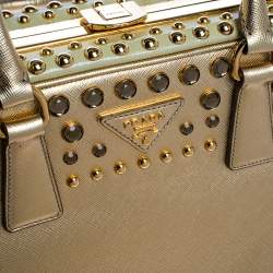 Pre Owned Prada Gold Saffiano Lux Leather Studded Pyramid Frame Satchel