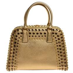 Pre Owned Prada Gold Saffiano Lux Leather Studded Pyramid Frame Satchel
