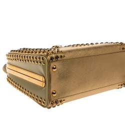 Pre Owned Prada Gold Saffiano Lux Leather Studded Pyramid Frame Satchel
