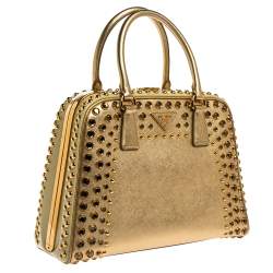 Pre Owned Prada Gold Saffiano Lux Leather Studded Pyramid Frame Satchel