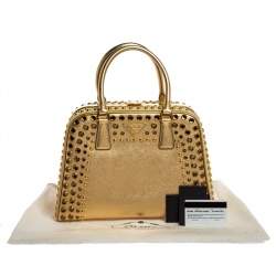 Pre Owned Prada Gold Saffiano Lux Leather Studded Pyramid Frame Satchel