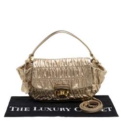Pre Owned Prada Metallic Gold Matelasse Leather Pushlock Flap Hobo
