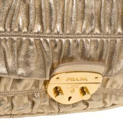 Pre Owned Prada Metallic Gold Matelasse Leather Pushlock Flap Hobo