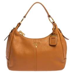 Pre Owned Prada Tan Vitello Daino Leather Zip Top Hobo