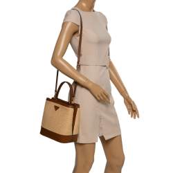 Pre Owned Prada Brown/Beige Raffia and Leather Medium Panier Top Handle Bag