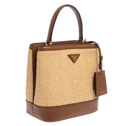 Pre Owned Prada Brown/Beige Raffia and Leather Medium Panier Top Handle Bag