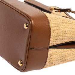 Pre Owned Prada Brown/Beige Raffia and Leather Medium Panier Top Handle Bag