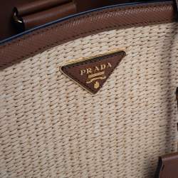 Pre Owned Prada Brown/Beige Raffia and Leather Medium Panier Top Handle Bag