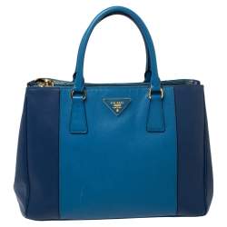 Prada Blue Bicolor Saffiano Lux Leather Medium Galleria Double Zip Tote