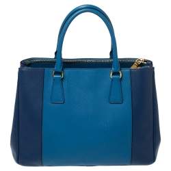 Prada Blue Bicolor Saffiano Lux Leather Medium Galleria Double Zip Tote