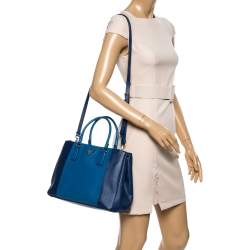 Prada Blue Bicolor Saffiano Lux Leather Medium Galleria Double Zip Tote