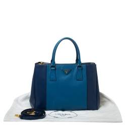 Prada Blue Bicolor Saffiano Lux Leather Medium Galleria Double Zip Tote