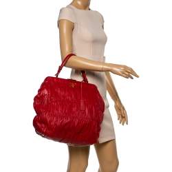 Pre Owned Prada Red Gaufre Nappa Leather Dressy Frame Satchel