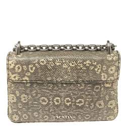 Pre Owned Prada Grey/Green Lucertola Lizard Flap Chain Shoulder Bag