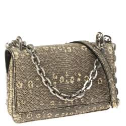 Pre Owned Prada Grey/Green Lucertola Lizard Flap Chain Shoulder Bag