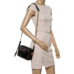 Pre Owned Prada Black Leather Studded Camera Crossbody Bag
