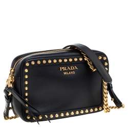 Pre Owned Prada Black Leather Studded Camera Crossbody Bag