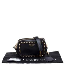 Pre Owned Prada Black Leather Studded Camera Crossbody Bag