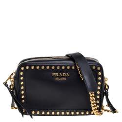 Pre Owned Prada Black Leather Studded Camera Crossbody Bag