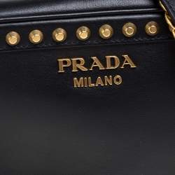 Pre Owned Prada Black Leather Studded Camera Crossbody Bag