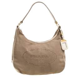 Pre Owned Prada Beige/Cream Logo Jacquard Canvas and Leather Hobo