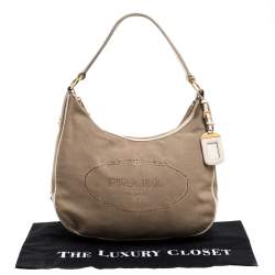 Pre Owned Prada Beige/Cream Logo Jacquard Canvas and Leather Hobo
