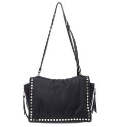 Pre Owned Prada Black Nylon and Leather Etiquette Studded Flap Shoulder Bag
