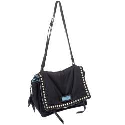 Pre Owned Prada Black Nylon and Leather Etiquette Studded Flap Shoulder Bag